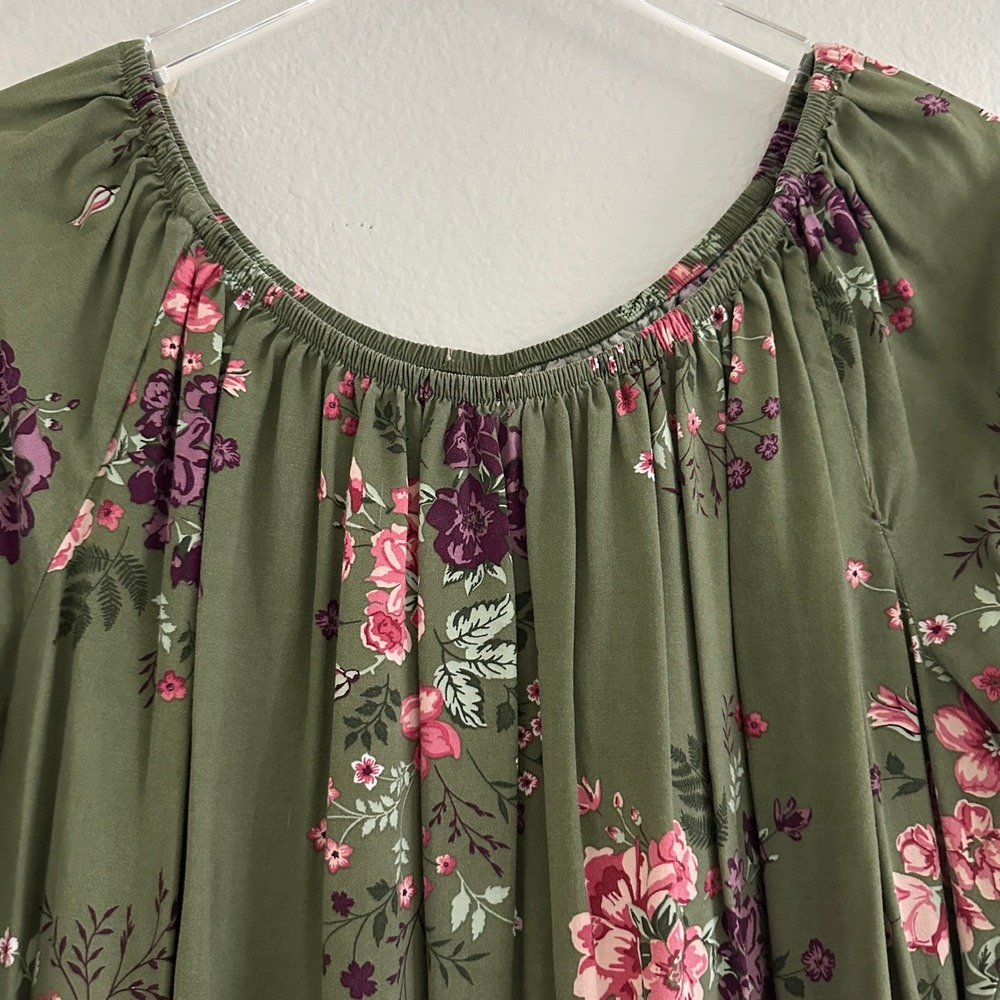 Terra & Sky Peasant Top Womens 1X Olive Green Floral Ruffle Bell Sleeve Boho - Picture 9 of 11